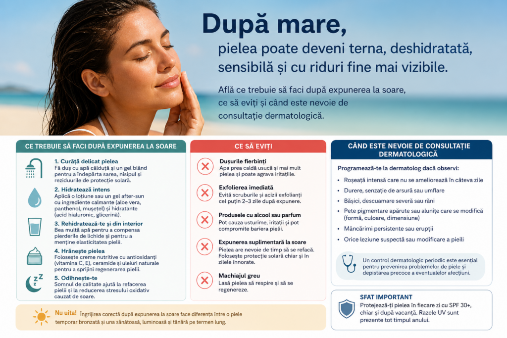 Informational poster in Romanian about sun exposure care, showing a woman at the beach with three guidance panels: what to do after sun, what to avoid, and when to see a dermatologist.