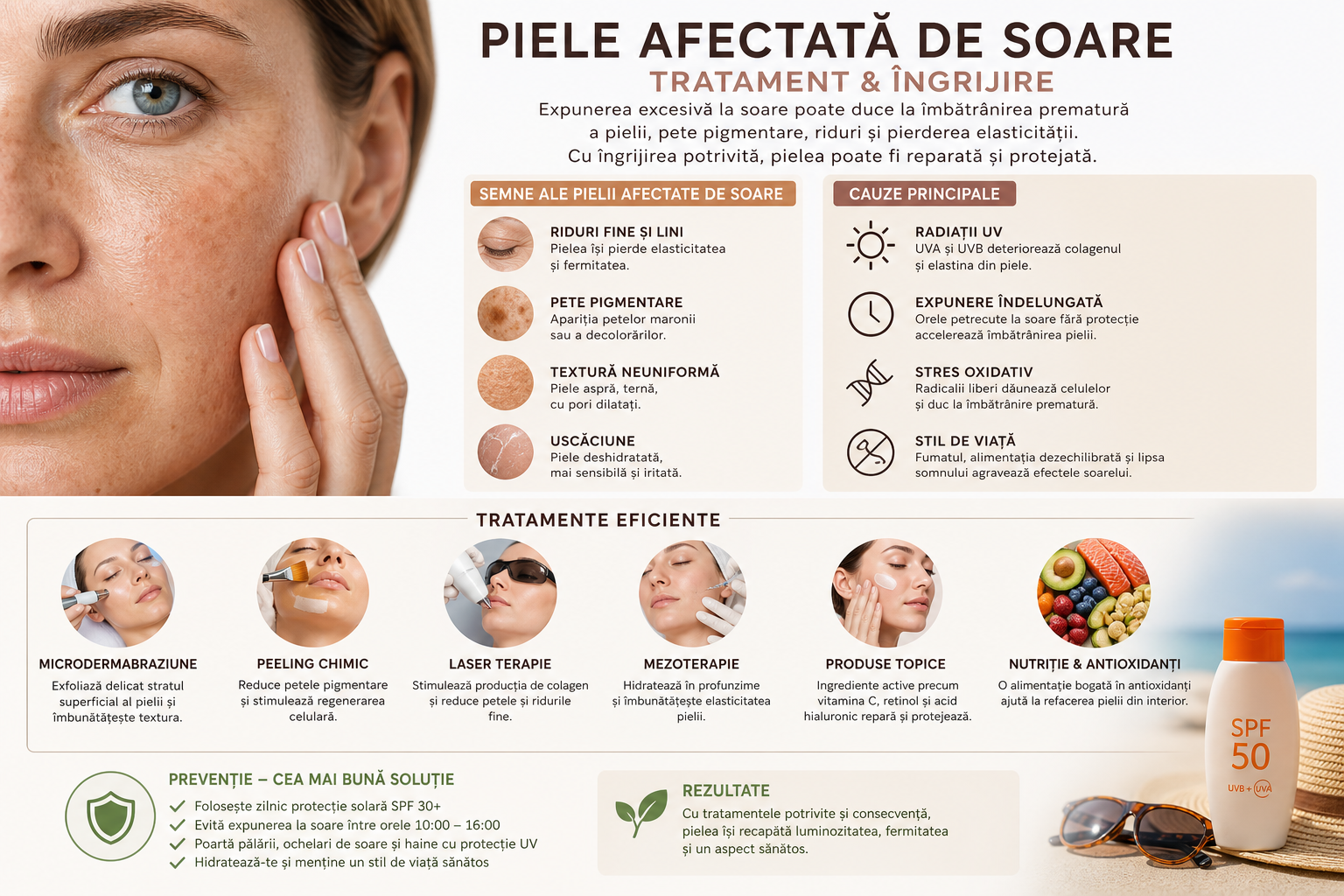 Piele afectata de soare – pete, deshidratare si textura neuniforma