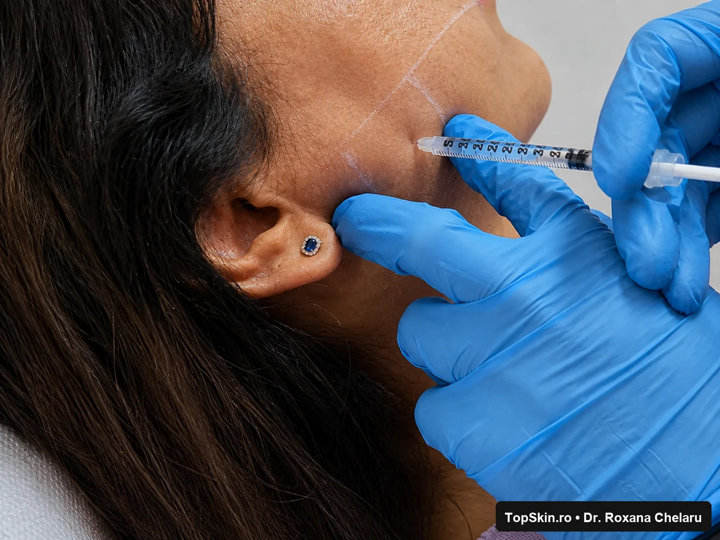 Botox maseteri pentru bruxism și contur facial – TopSkin - Dr Roxana Chelaru - Dermatologie si Estetica Medicala Bucuresti Injectarea toxinei botulinice in muschiul maseter la Top Skin Bucuresti